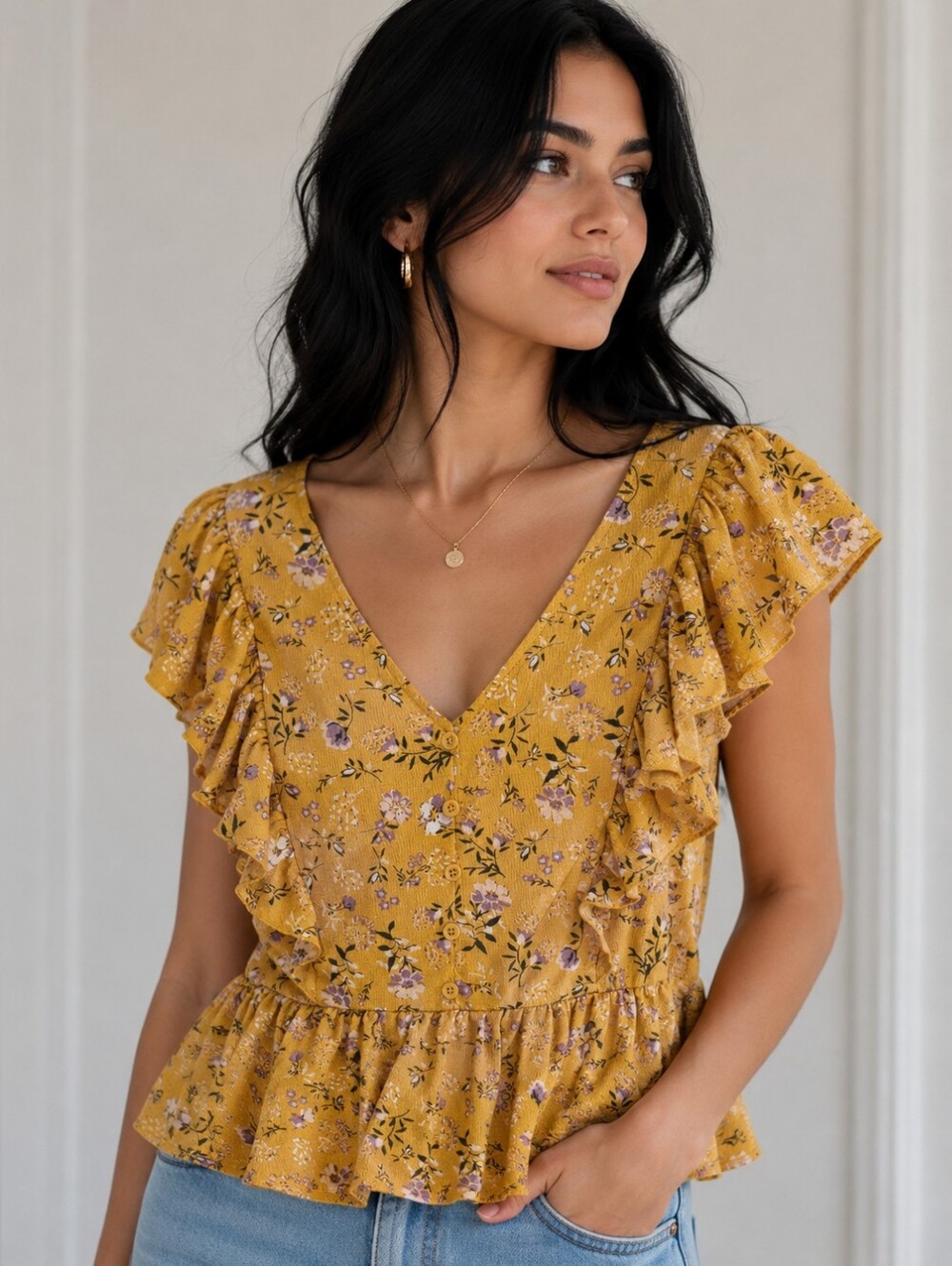 💙 Melloday - Women’s Mustard Floral Ruffle Peplum Top